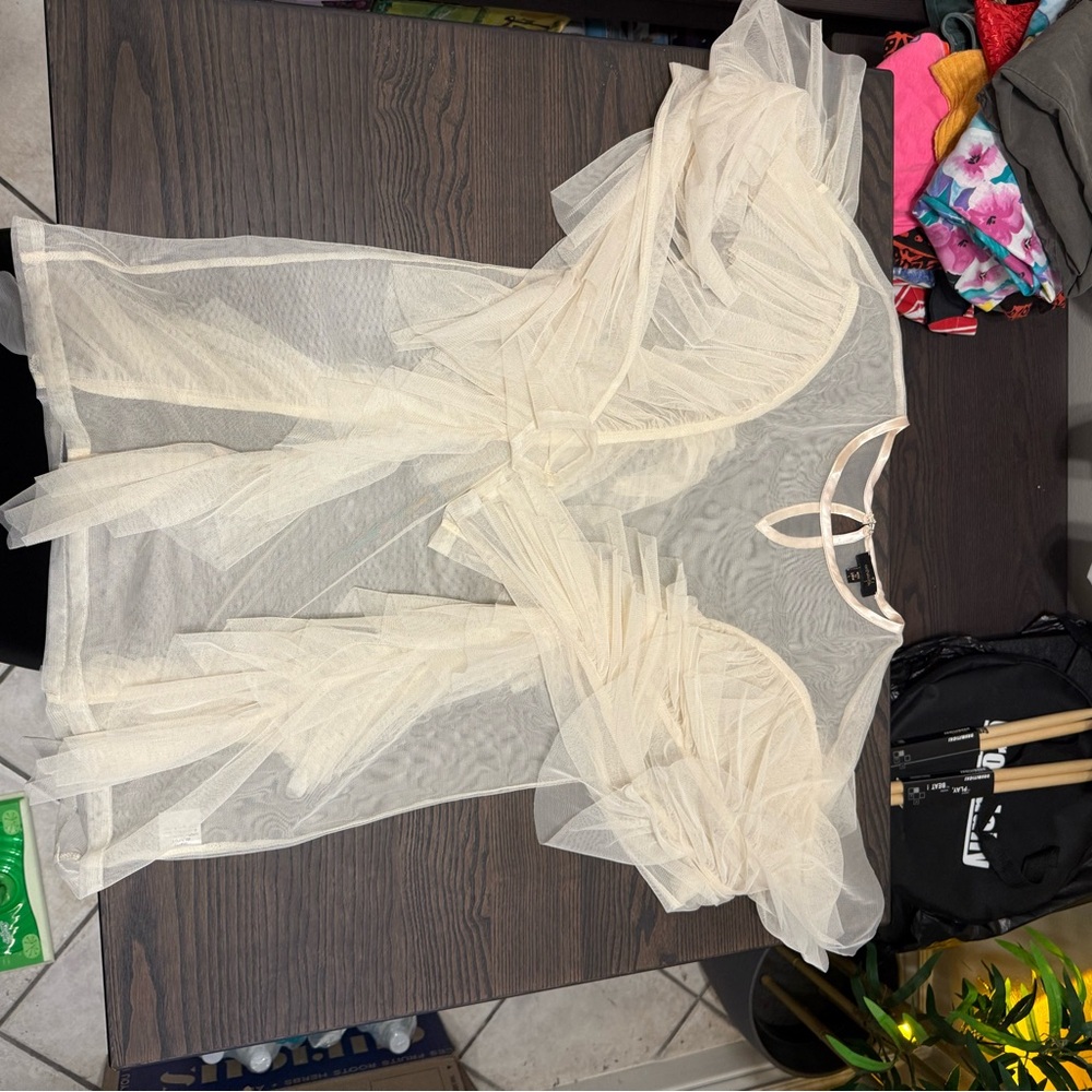 Sheer Cream Ruffle Tunic Top - Picture 2 of 5